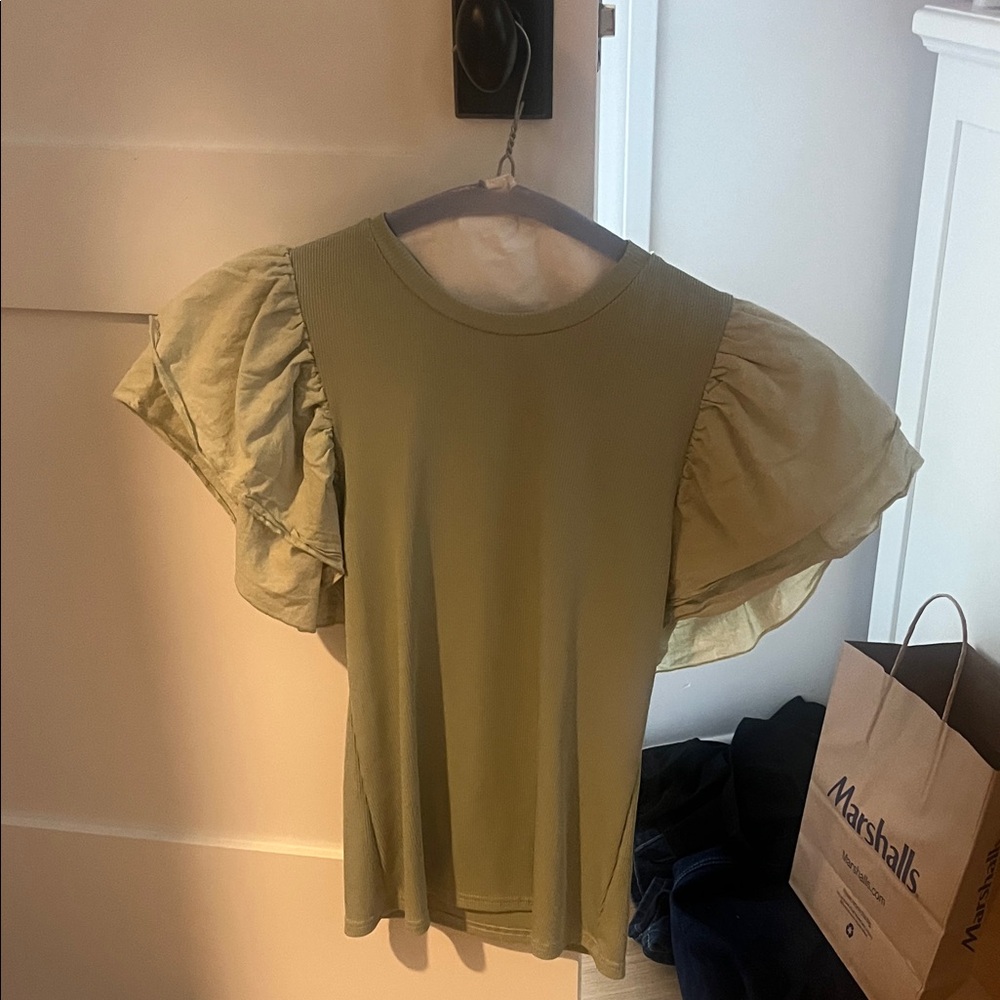 Olive Green Ruffle Sleeve Top